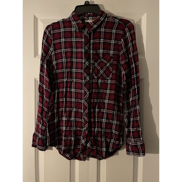 Beach lunch lounge button down Plaid Flannel Shirt xs red navy black white - Picture 2 of 3